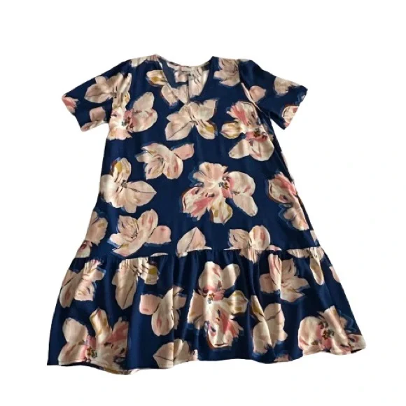 a new day Women M/L Blue Pink Floral Print Short Sleeve Above Knee Relaxed Dress - Picture 4 of 13
